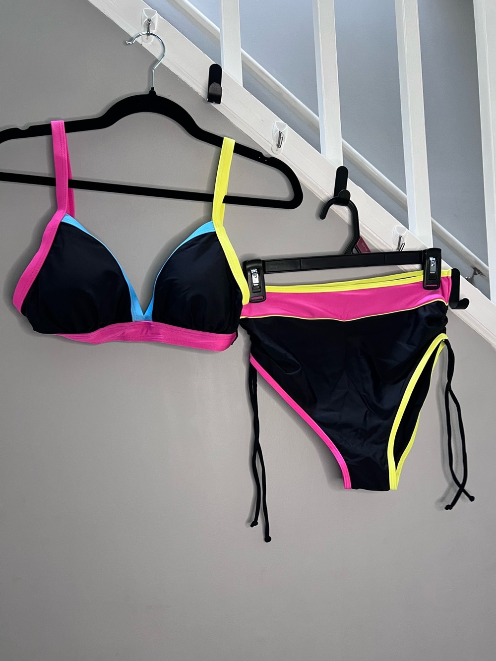 0067: Black Bikini Set with Neon Pink & Yellow Trim Size S